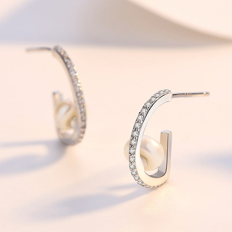 Zircon G-shape with Pearl Silver Studs Earrings for Women