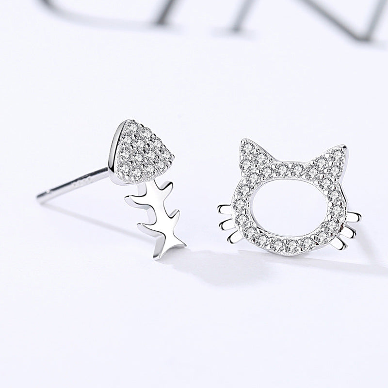 Zircon Cat and Fishbone Asymmetric Silver Studs Earrings for Women