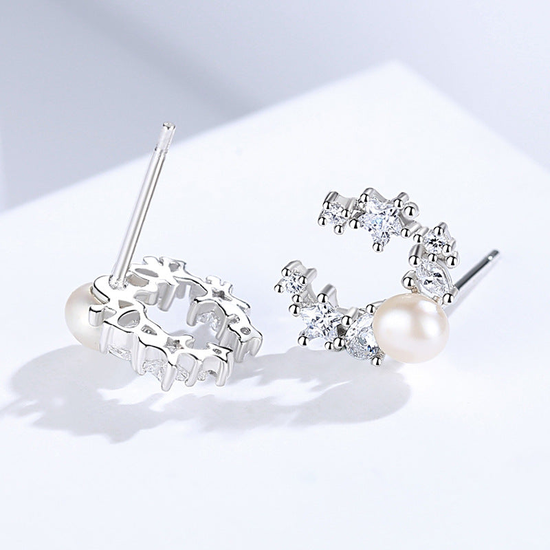 Moon Star with Pearl Silver Studs Earrings for Women