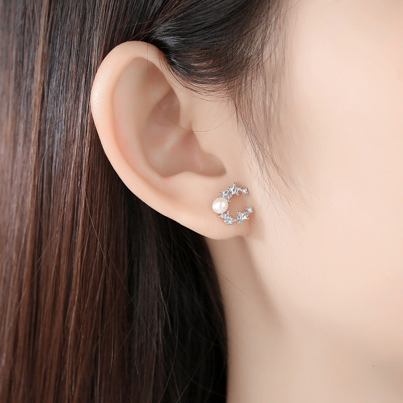 Moon Star with Pearl Silver Studs Earrings for Women