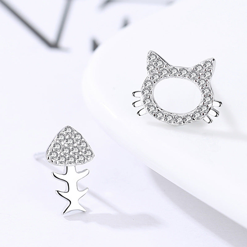 Zircon Cat and Fishbone Asymmetric Silver Studs Earrings for Women