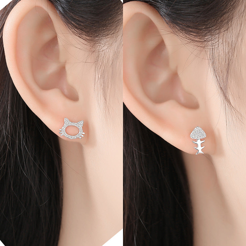 Zircon Cat and Fishbone Asymmetric Silver Studs Earrings for Women