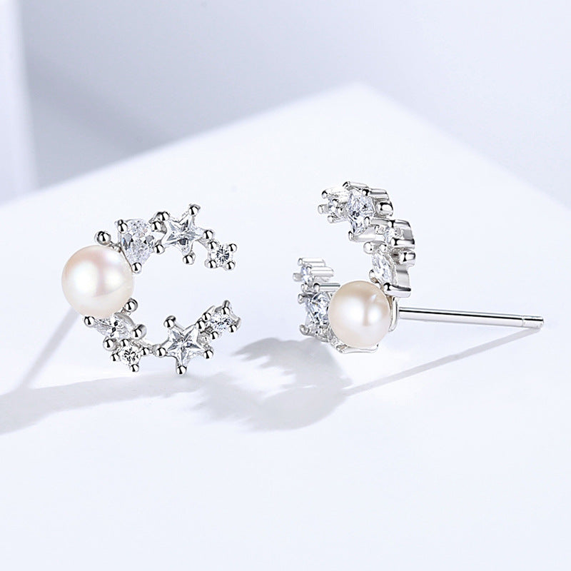 Moon Star with Pearl Silver Studs Earrings for Women