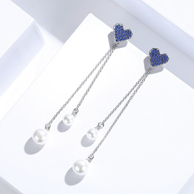 Heart Blue Zircon with Pearl Long Tassel Silver Drop Earrings for Women