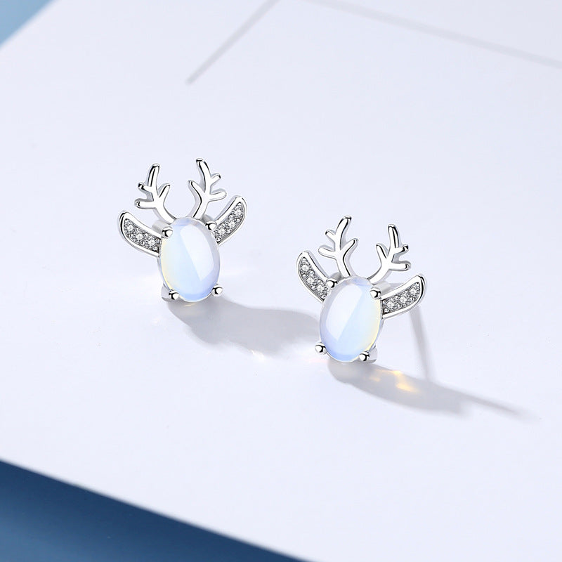 Moonstone Elk Silver Studs Earrings for Women