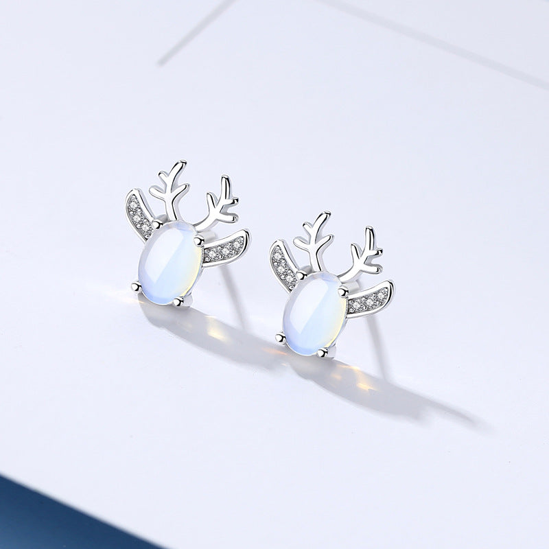 Moonstone Elk Silver Studs Earrings for Women