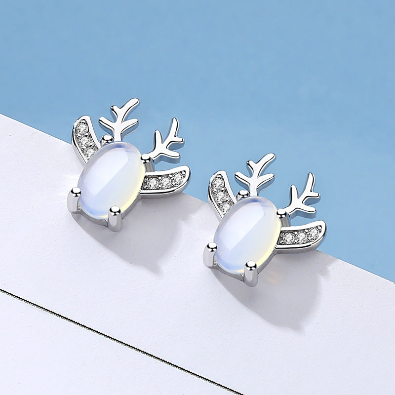 Moonstone Elk Silver Studs Earrings for Women