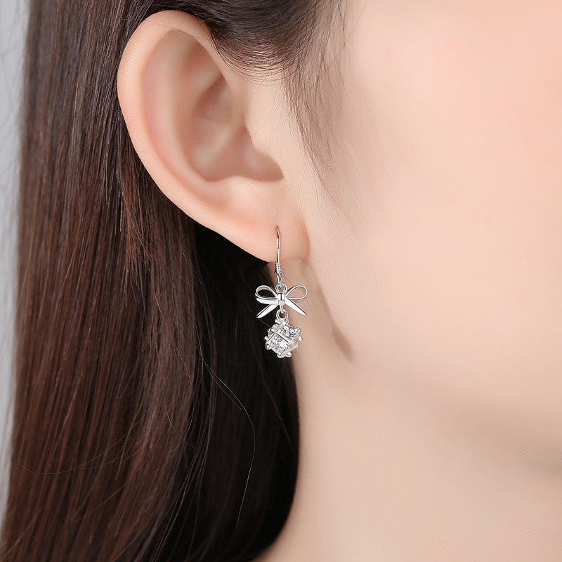 Cube with Zircon Bow Silver Drop Earrings for Women