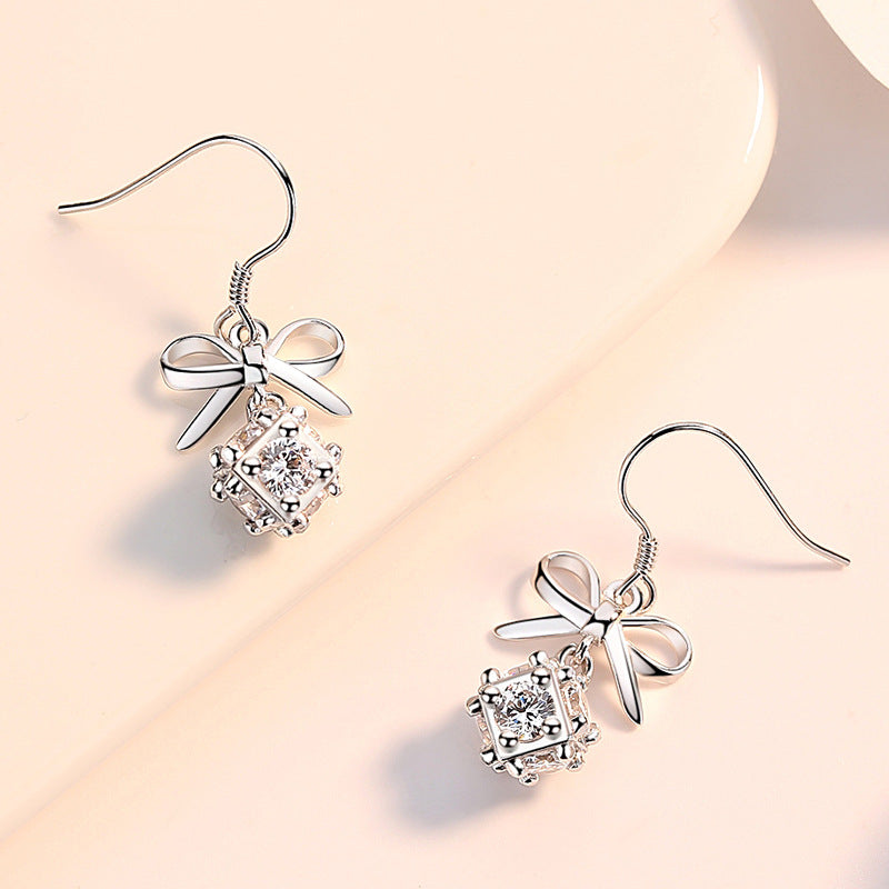 Cube with Zircon Bow Silver Drop Earrings for Women