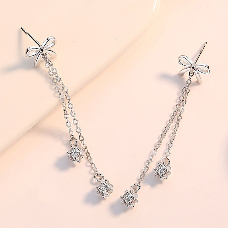 Bow with Zircon Tassels Silver Drop Earrings for Women