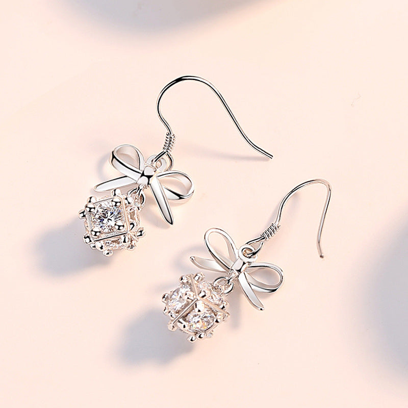 Cube with Zircon Bow Silver Drop Earrings for Women