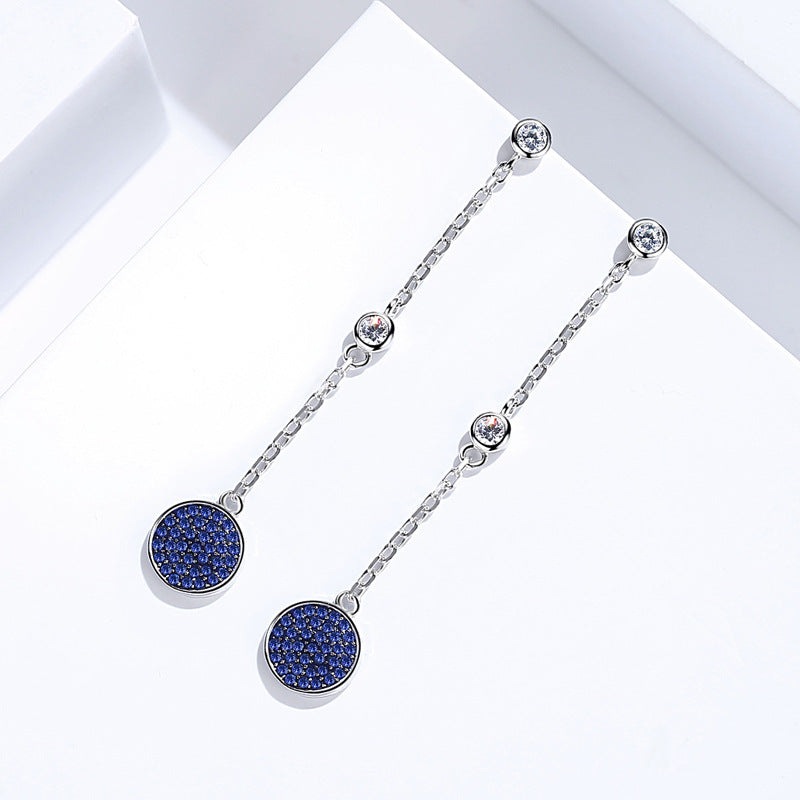 Blue Zircon Circle Long Style Silver Drop Earrings for Women