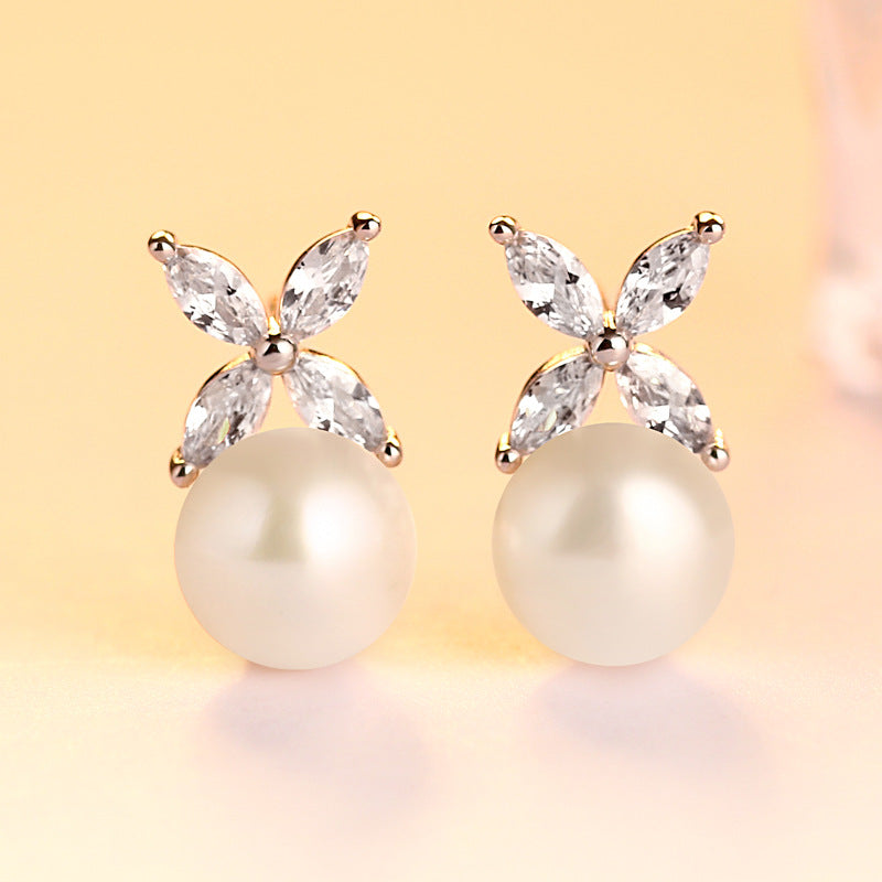 Marquise Zircon Clover with Natural Pearl Silver Studs Earrings for Women