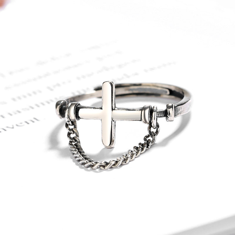 Cross with Chain Silver Ring for Women