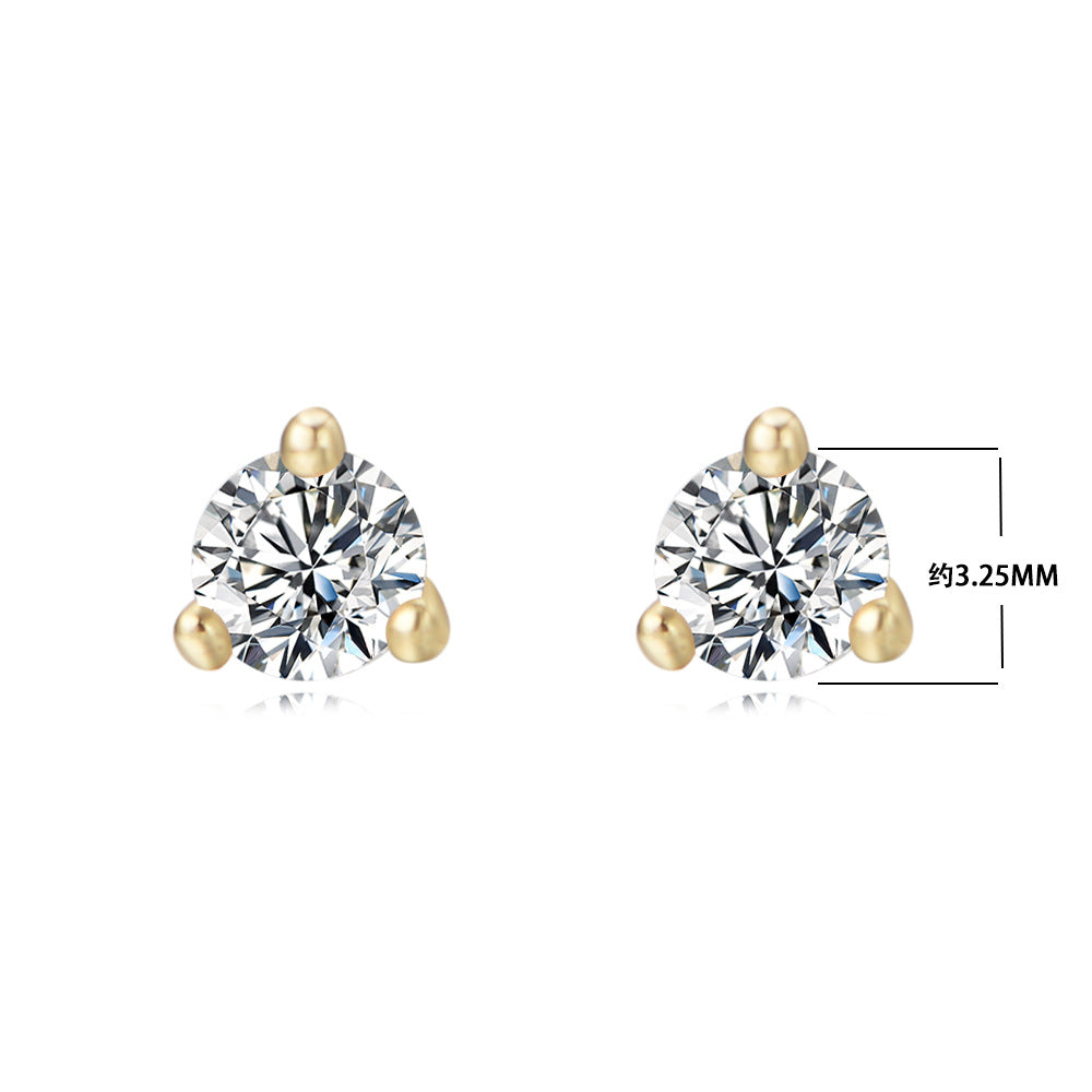 Three Prongs Round Zircon Silver Studs Earrings for Women