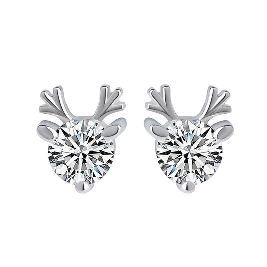 Round Zircon Antler Silver Studs Earrings for Women