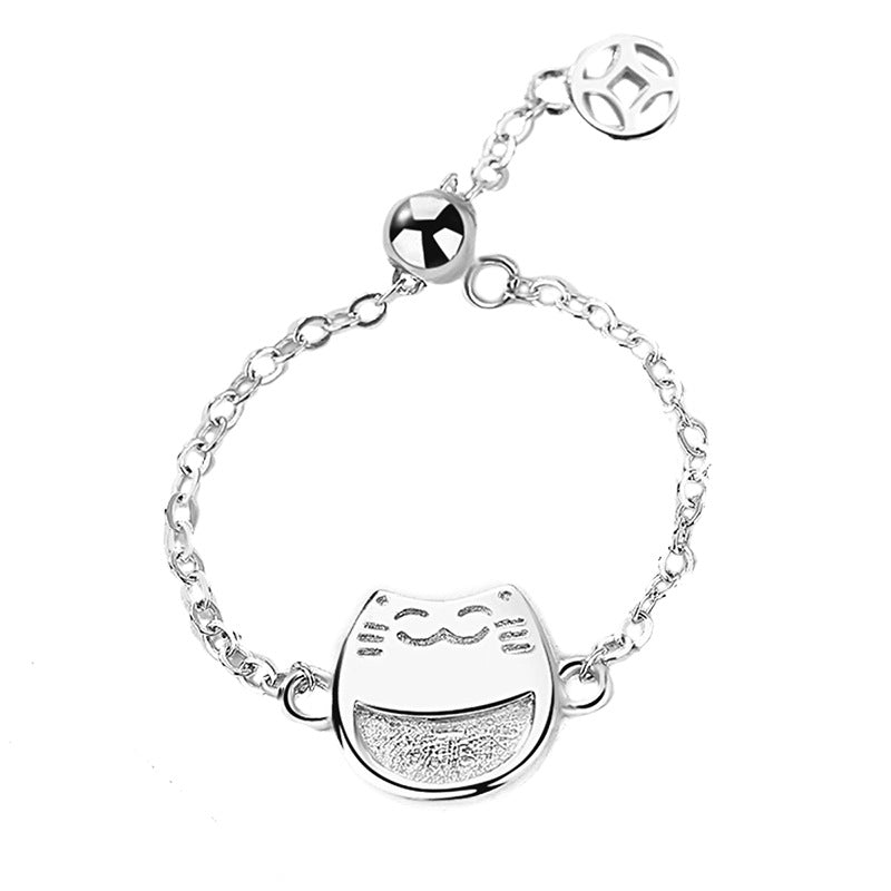 Lucky Cat Silver Chain Ring for Women