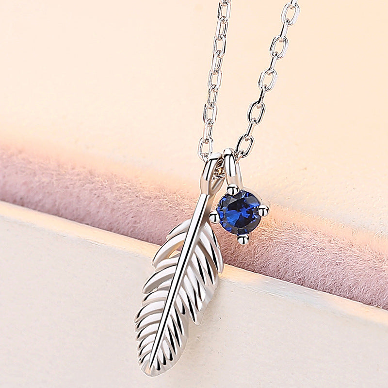 Leaf with Blue Zircon Silver Necklace for Women