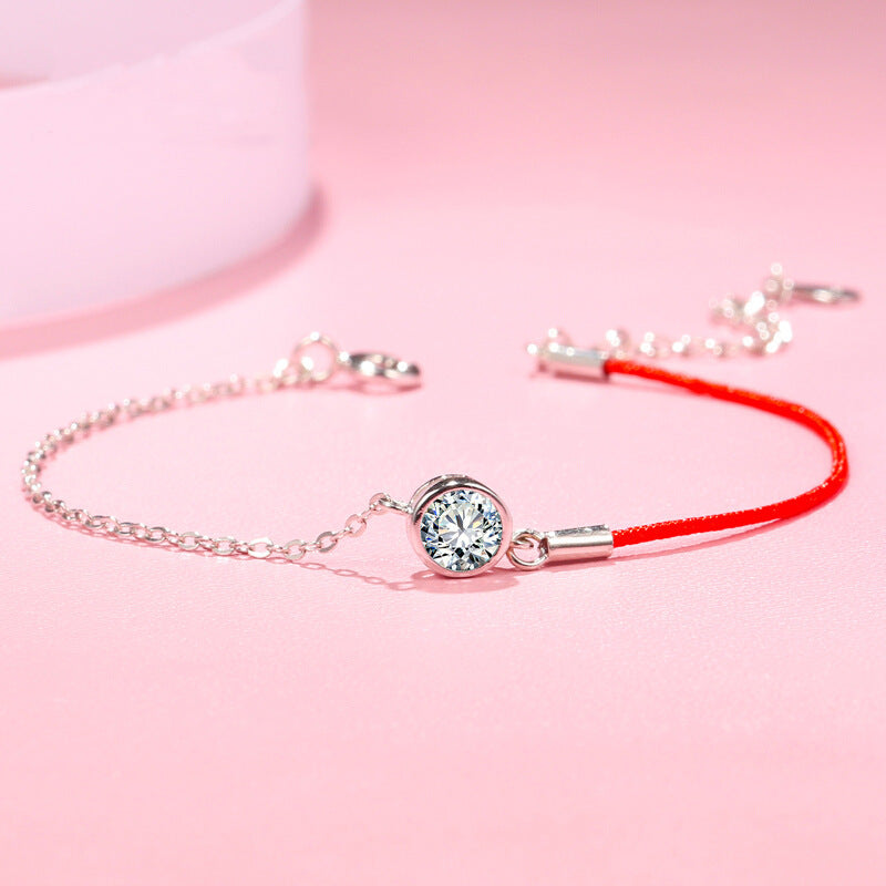 Round Zircon Half Red Rope Silver Bracelet for Women