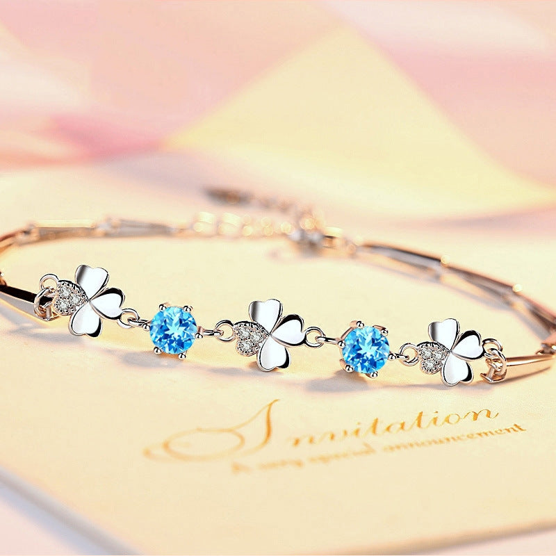 Four-leaf Clover with Blue Zircon Silver Bracelet for Women