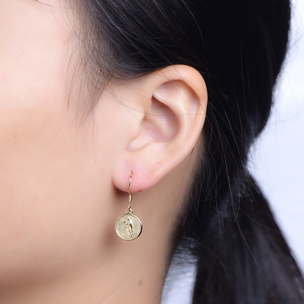 Retro Embossed Figure Round Coin Silver drop Earrings for women