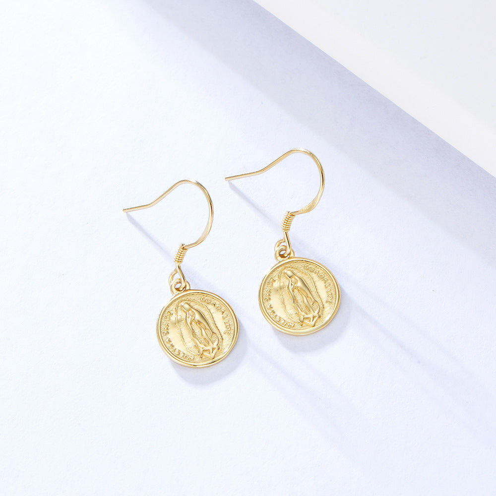 Retro Embossed Figure Round Coin Silver drop Earrings for women