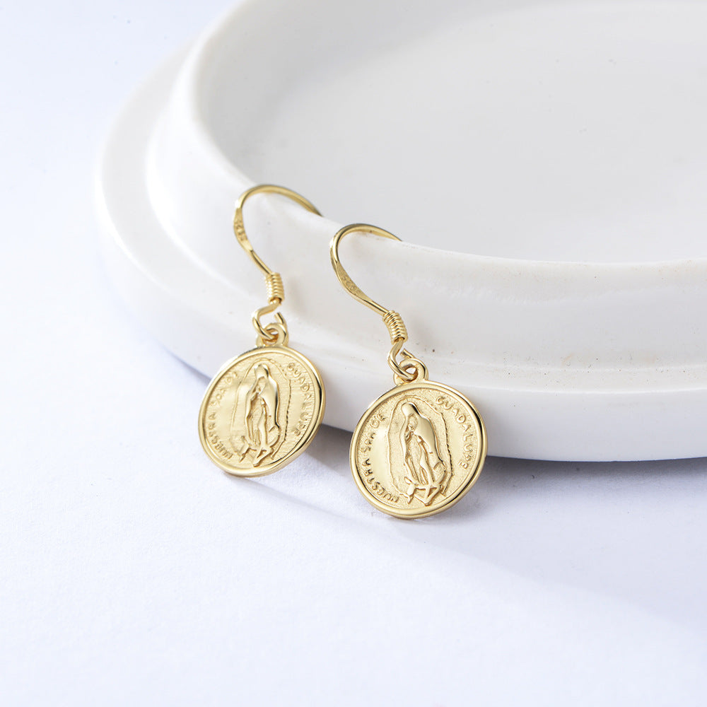 Retro Embossed Figure Round Coin Silver drop Earrings for women