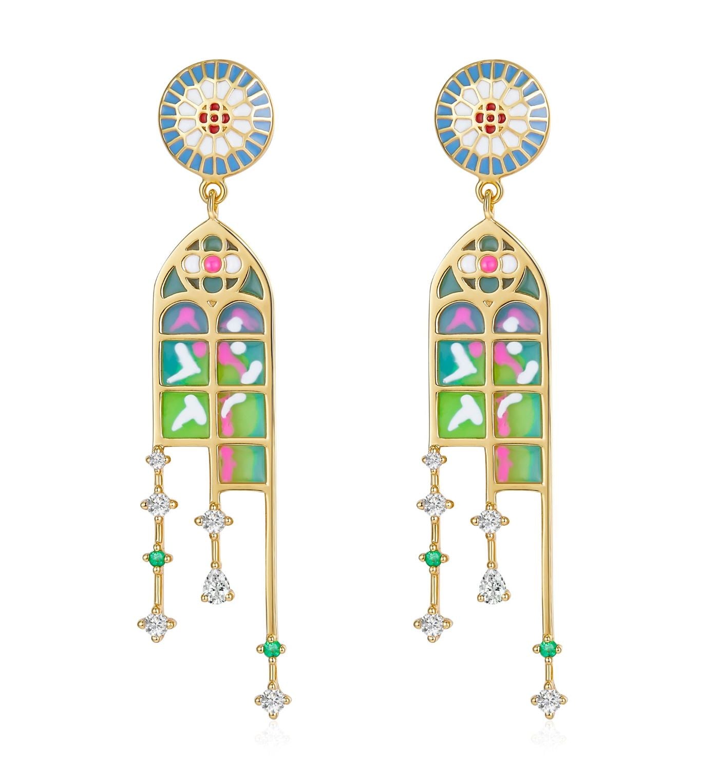 Colourful Paris Flower Window Enamel Drop Earrings for Women