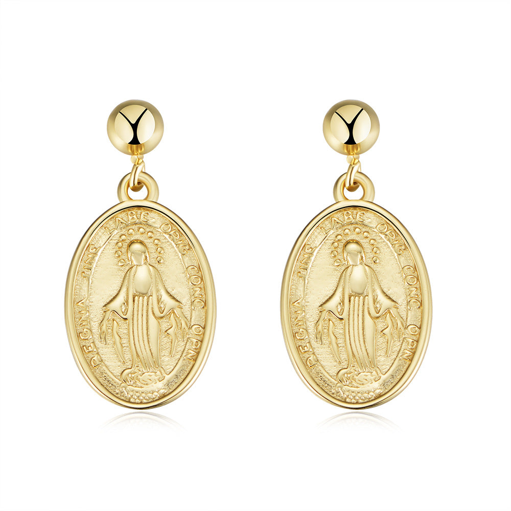 Oval Virgin Mary Relief Silver Drop Earrings for Women