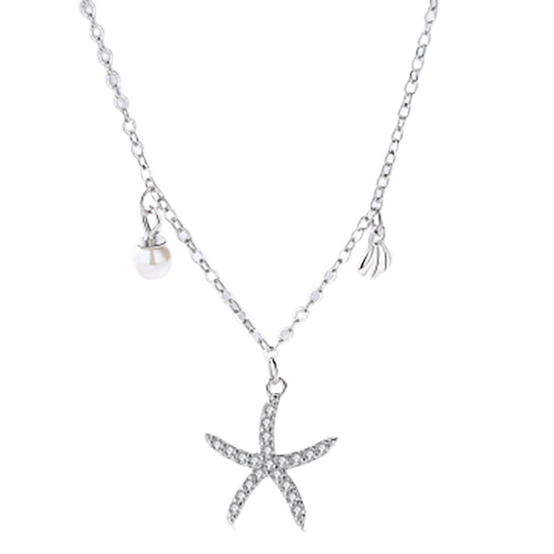 Zircon Starfish Shell with Pearl Silver Silver Necklace for Women