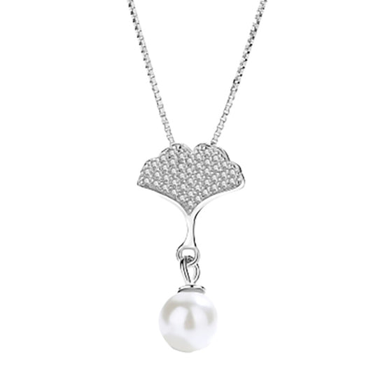 Zircon Ginkgo Leaf with Pearl Silver Necklace for Women