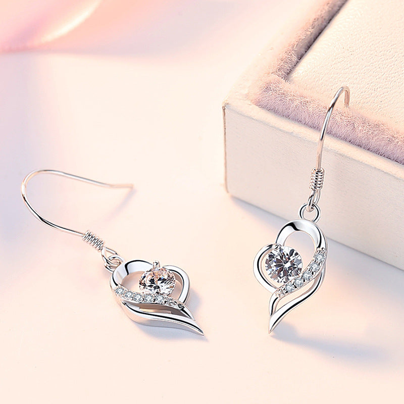 Rotating Heart with Round Zircon Silver Drop Earrings for Women