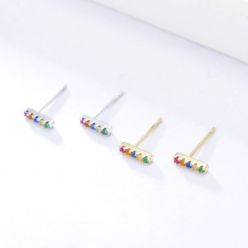 Straight Line Colourful Zircon Silver Studs Mardi Gras Earrings for Women