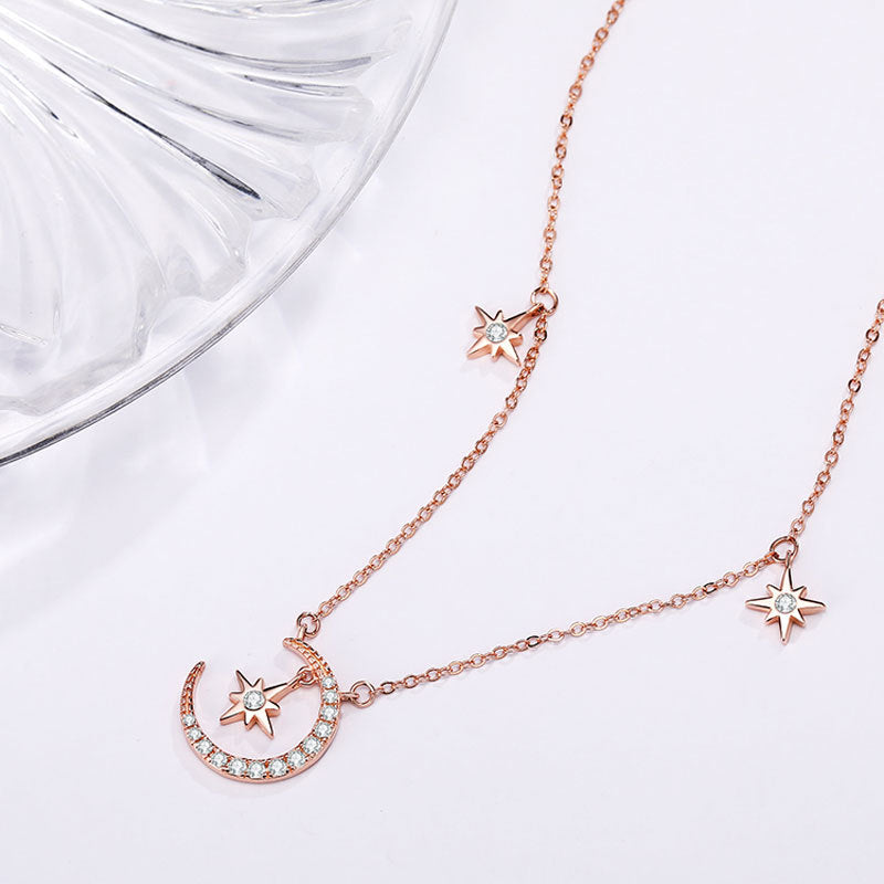 Zircon Star Moon Pendant Silver Necklace for Women