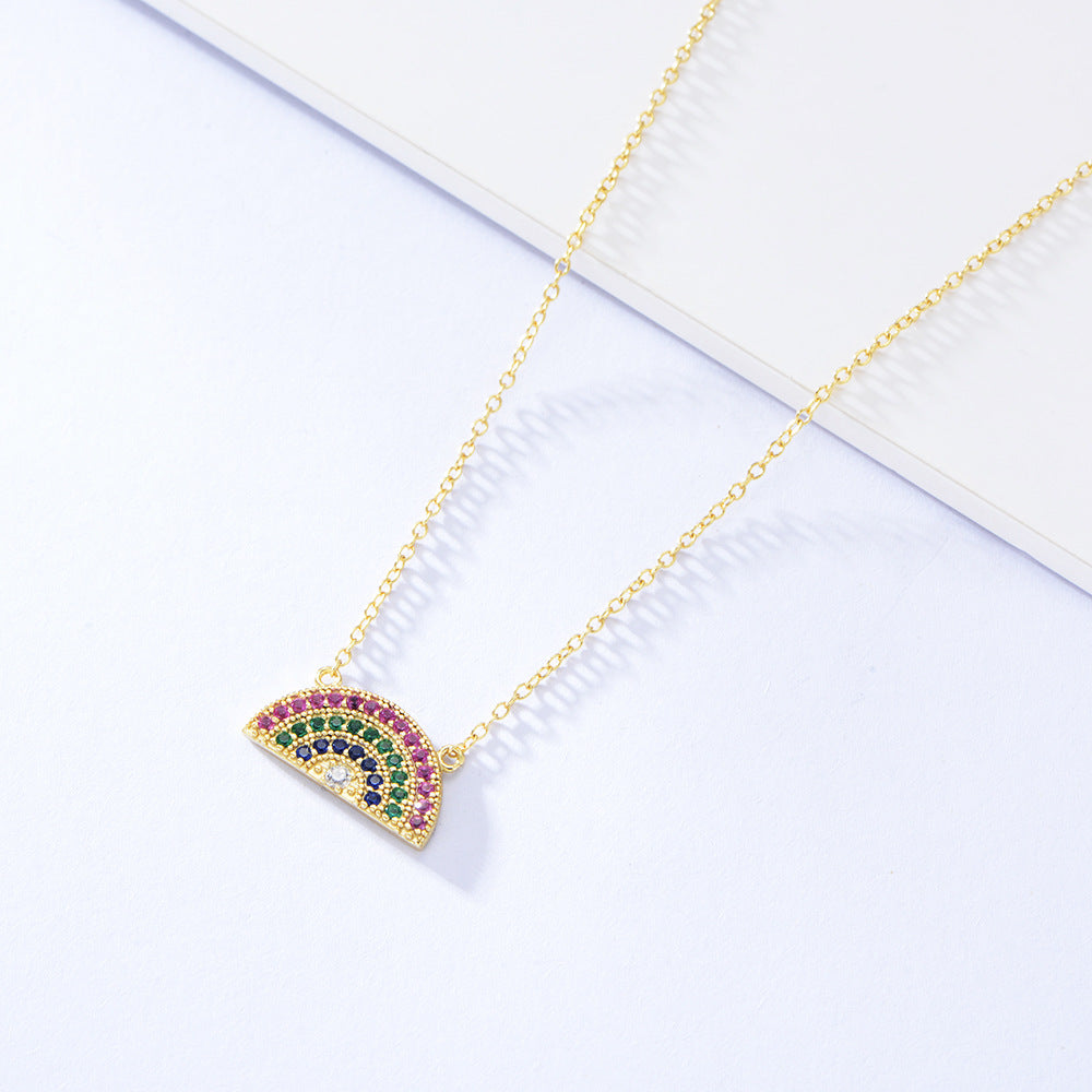 Semicircle Rainbow Zircon Pendant Sterling Silver Necklace for Women