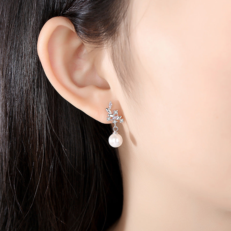 Leaf with Pearl Silver Drop Earrings for Women