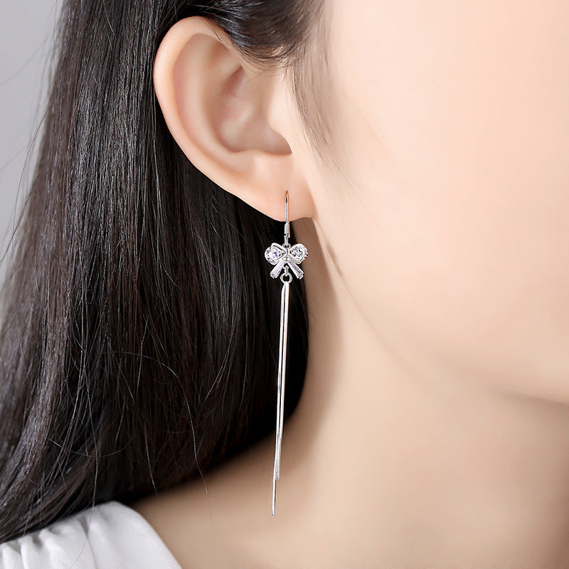 Zircon Bowknot Long Tassel Silver Drop Earrings for Women