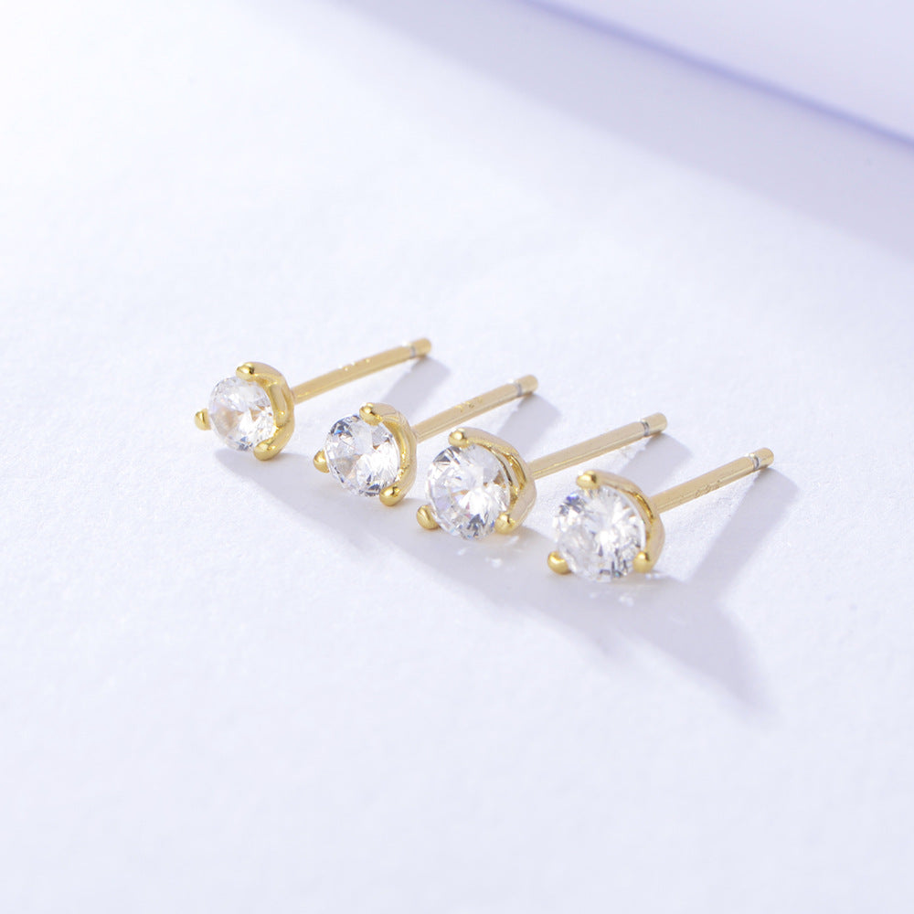 Three Prongs Round Zircon Silver Studs Earrings for Women