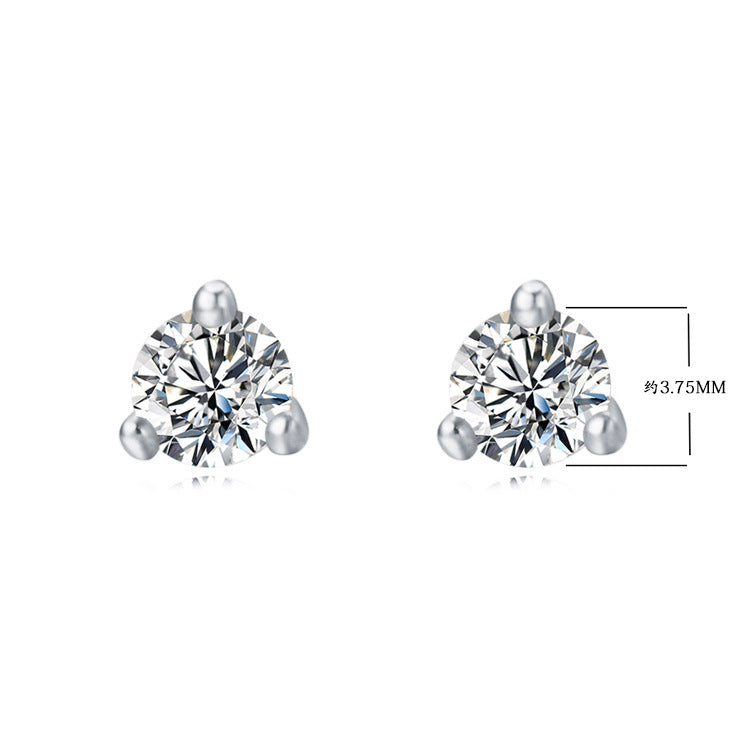 Three Prongs Round Zircon Silver Studs Earrings for Women