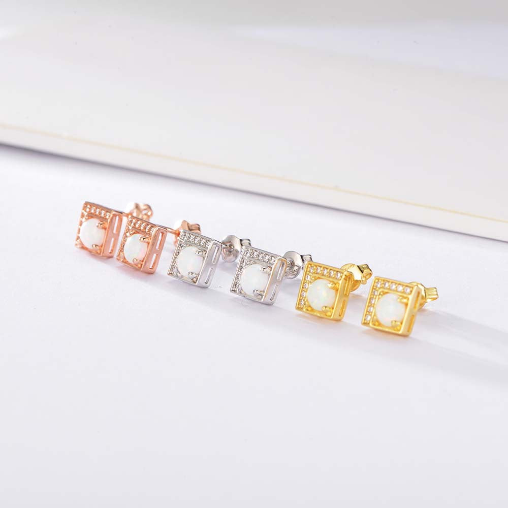 Opal Jewelry with Zircon Square Silver Studs Earrings for Women