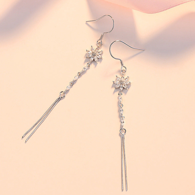 Zircon Flower Long Tassels Silver Drop Earrings for Women