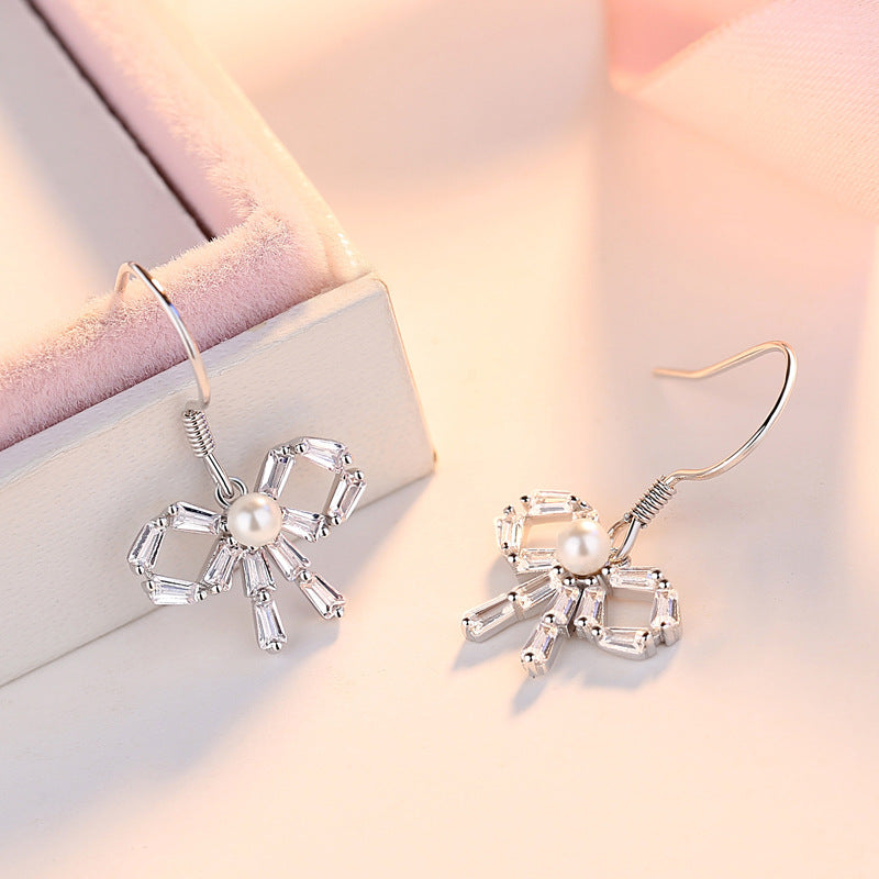 Zircon Bow with Pearl Silver Drop Earrings for Women