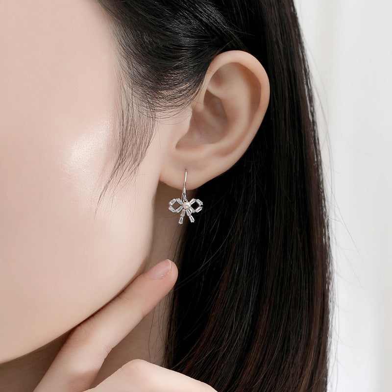 Zircon Bow with Pearl Silver Drop Earrings for Women