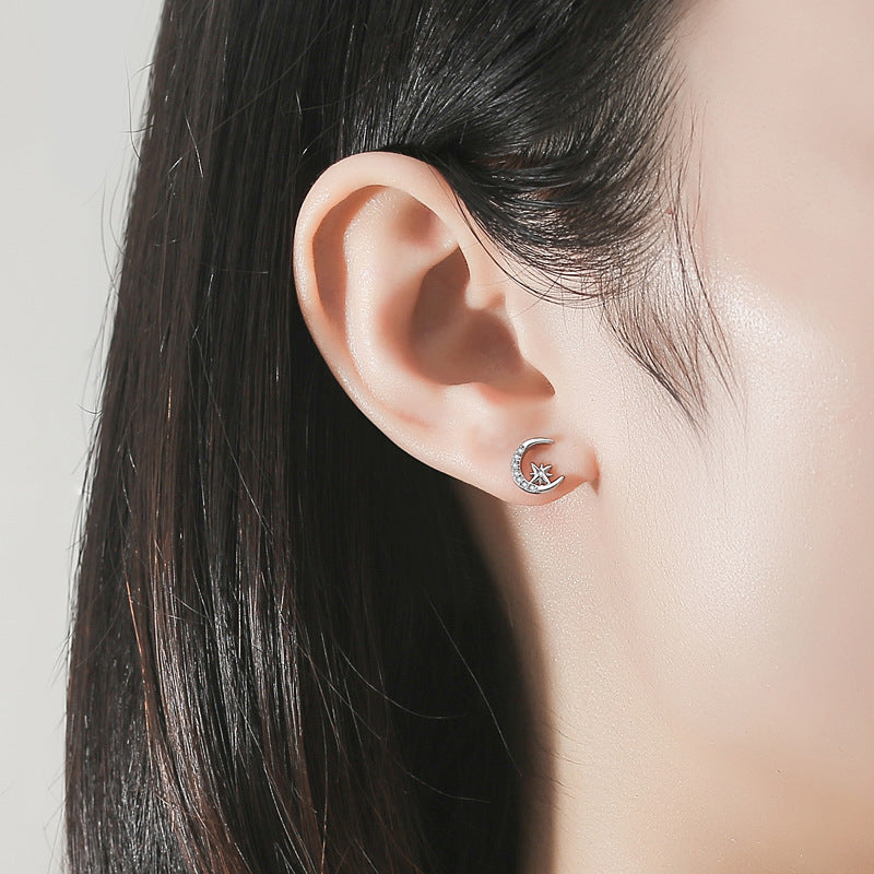 Zircon Star and Moon Asymmetric Silver Studs Earrings for Women