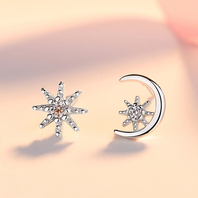 Zircon Star and Moon Asymmetric Silver Studs Earrings for Women