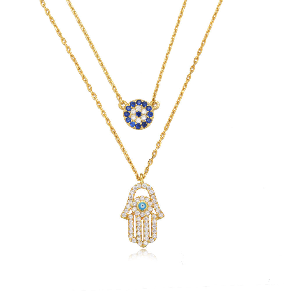 Devil‘s Eye Hamsa Palm with Zircon Double Silver Necklace for Women