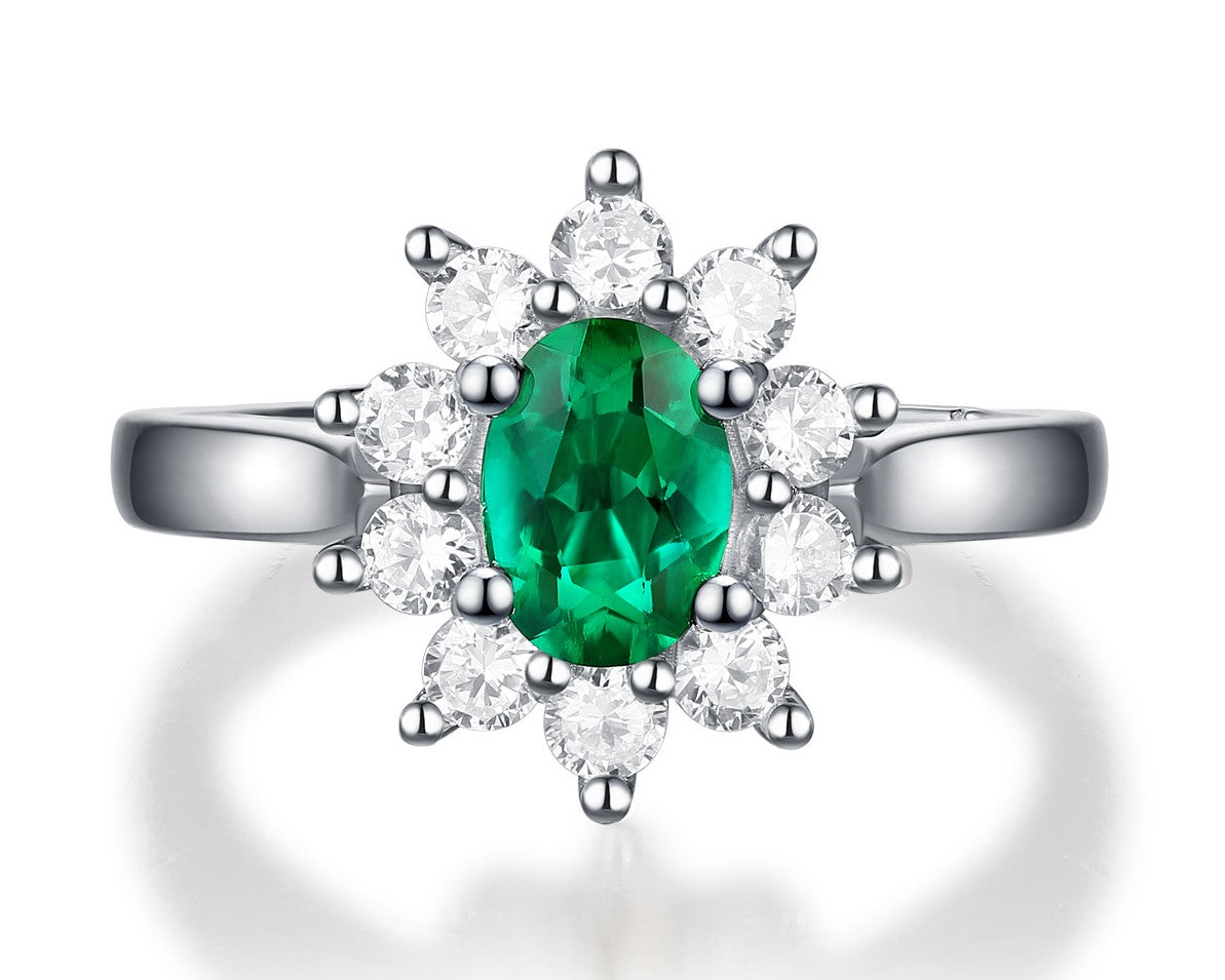 Lab-Created Emerald Oval Ice Cut Annular Petals Adjustable Open-ended Silver Ring for Women