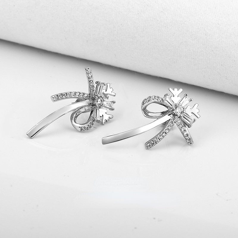 Snowflake Bow with Zircon Silver Studs Earrings for Women