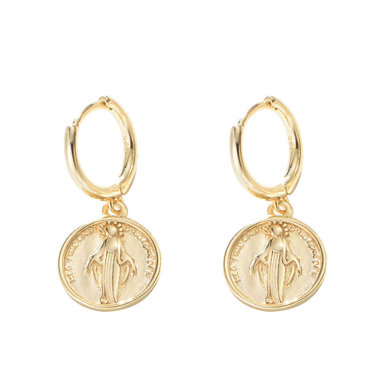 Retro Virgin Mary Circular Silver Drop Earrings for Women