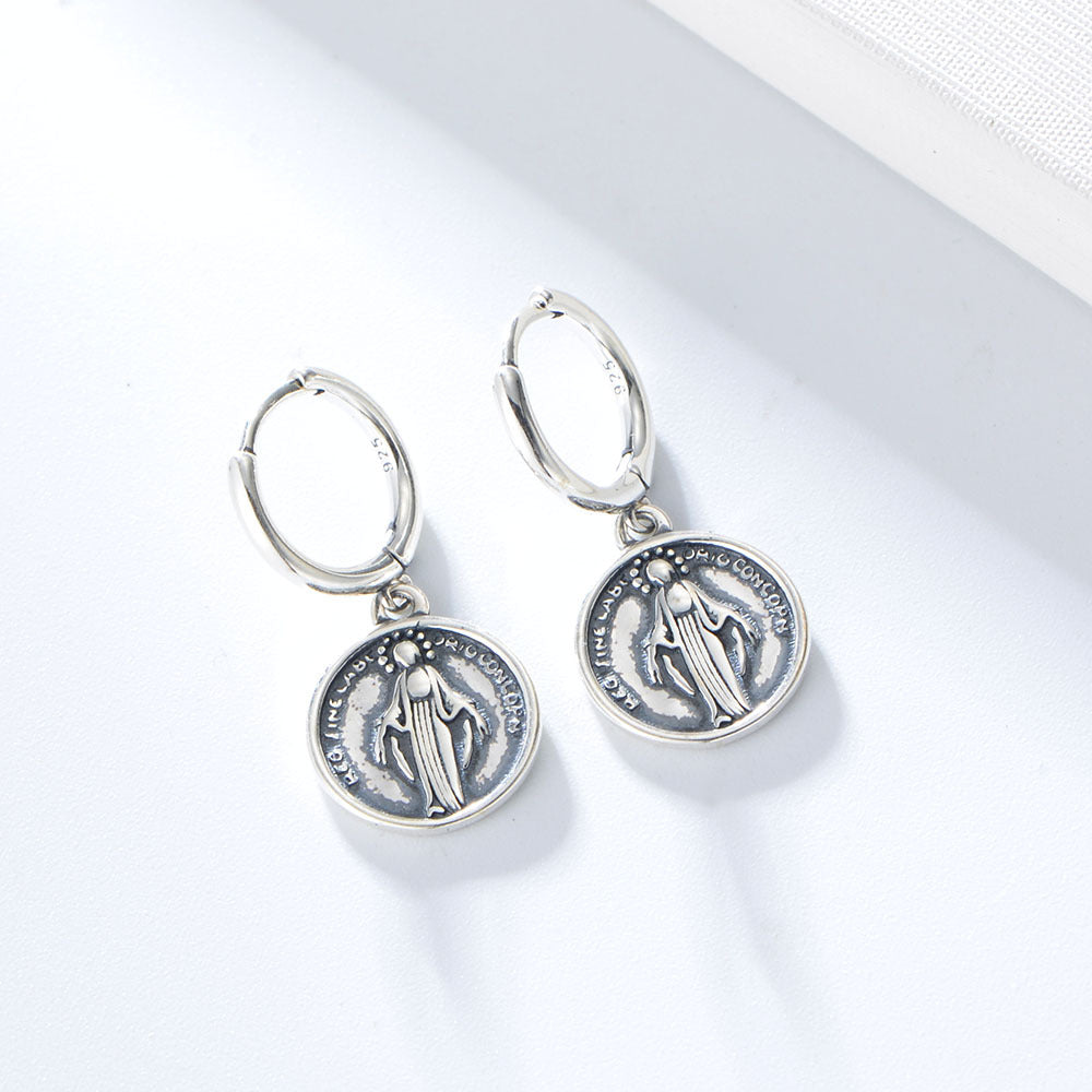 Retro Virgin Mary Circular Silver Drop Earrings for Women